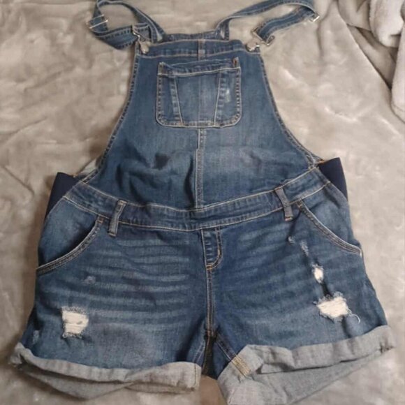 Indigo Blue Denim Maternity Shorts Overalls Size Large Denim - Picture 1 of 5